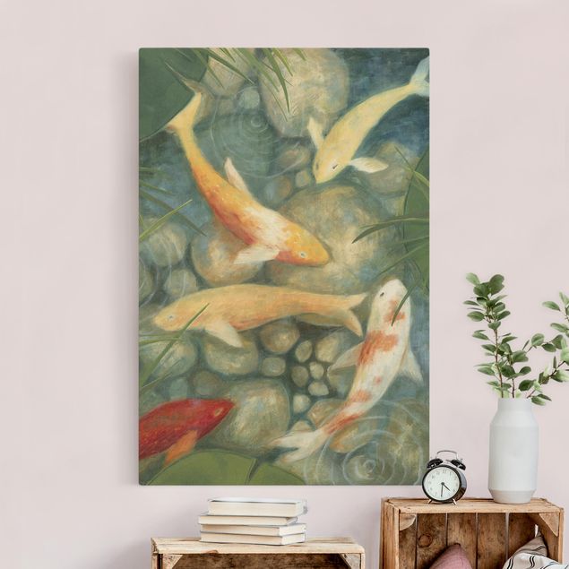 Red rose canvas Yellow Koi Fish In Garden Pond