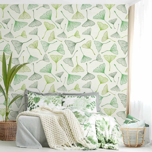 Floral wallpaper Gingko Leaves In Shades Of Green