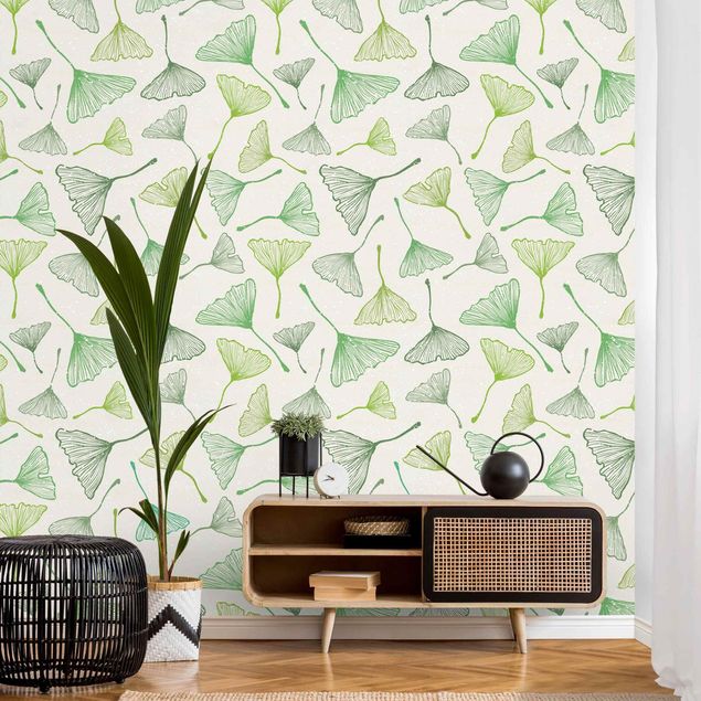 Contemporary wallpaper Gingko Leaves In Shades Of Green