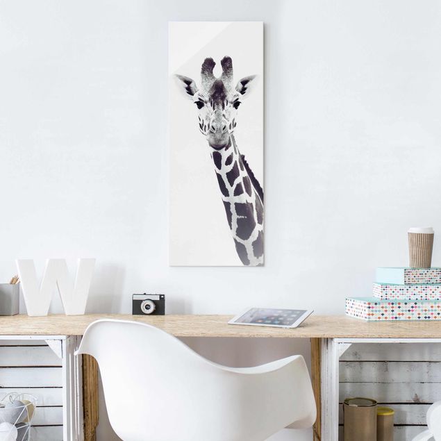 Glass prints black and white Giraffe Portrait In Black And White