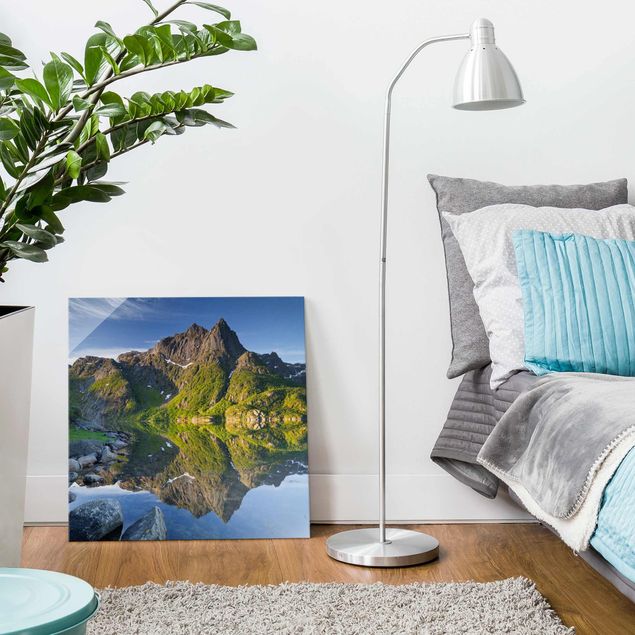 Glass prints mountain Mountain Landscape With Water Reflection In Norway