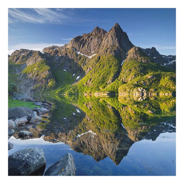 Glass prints architecture and skylines Mountain Landscape With Water Reflection In Norway