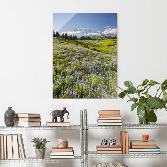 Glass prints mountain Mountain Meadow With Red Flowers in Front of Mt. Rainier