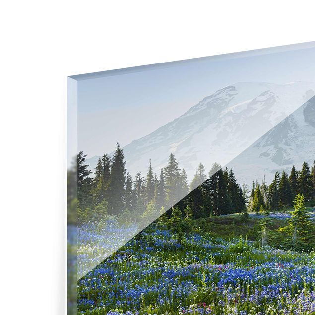 Floral prints Mountain Meadow With Blue Flowers in Front of Mt. Rainier