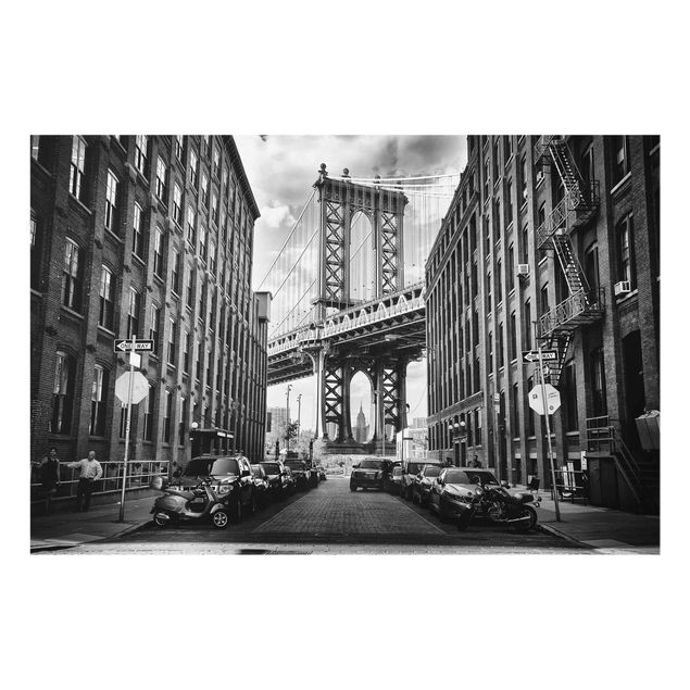 Glass prints black and white Manhattan Bridge In America