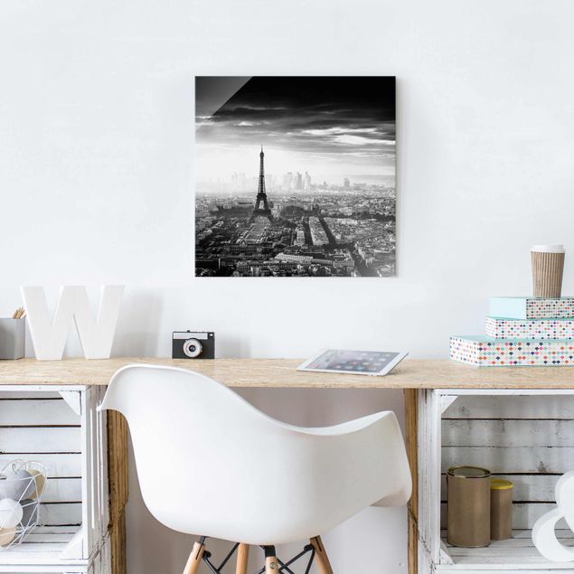 Glass prints Paris The Eiffel Tower From Above Black And White