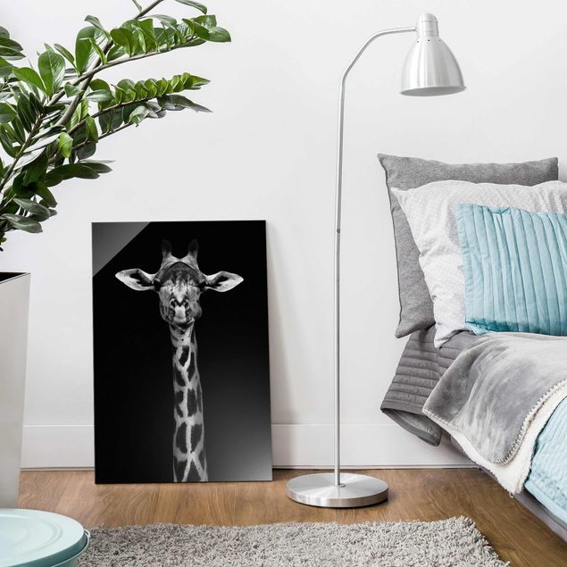 Glass prints black and white Dark Giraffe Portrait
