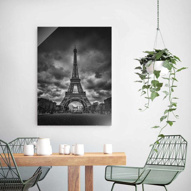Glass prints Paris Eiffel Tower In Front Of Clouds In Black And White
