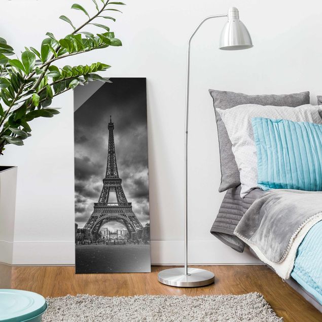 Glass prints Paris Eiffel Tower In Front Of Clouds In Black And White