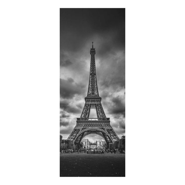 Glass prints black and white Eiffel Tower In Front Of Clouds In Black And White