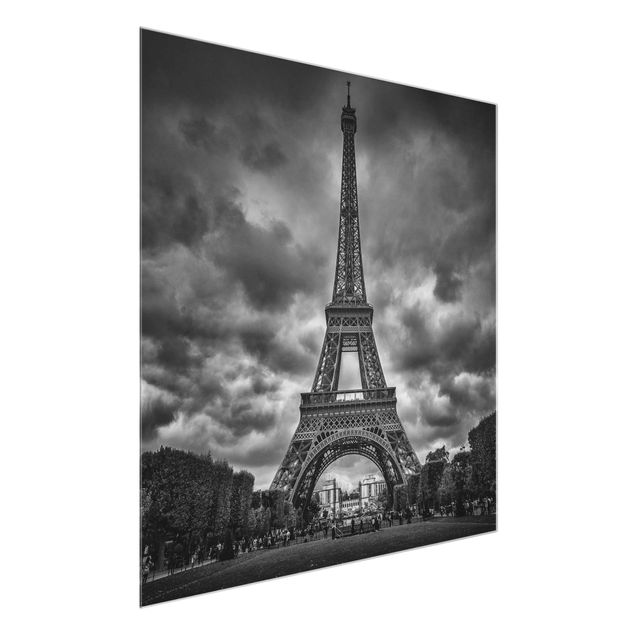 Glass prints architecture and skylines Eiffel Tower In Front Of Clouds In Black And White