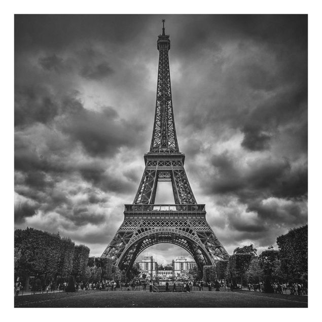 Glass prints black and white Eiffel Tower In Front Of Clouds In Black And White