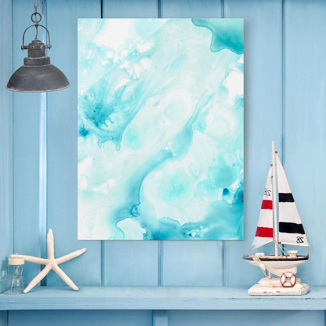 Prints abstract Emulsion In White And Turquoise I