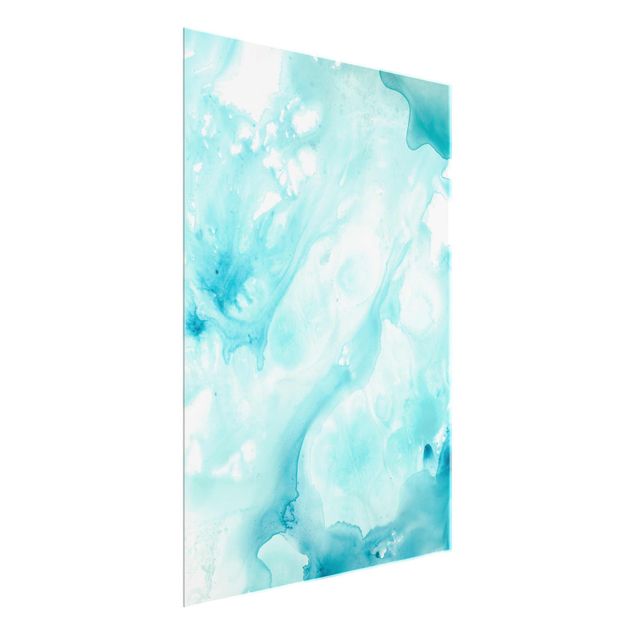 Abstract glass wall art Emulsion In White And Turquoise I