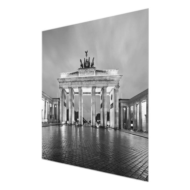 Glass prints black and white Illuminated Brandenburg Gate II
