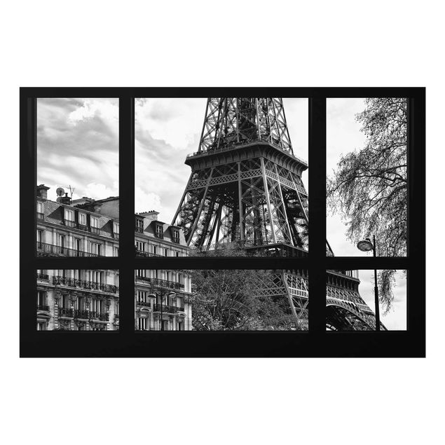 Glass prints black and white Window view Paris - Near the Eiffel Tower black and white