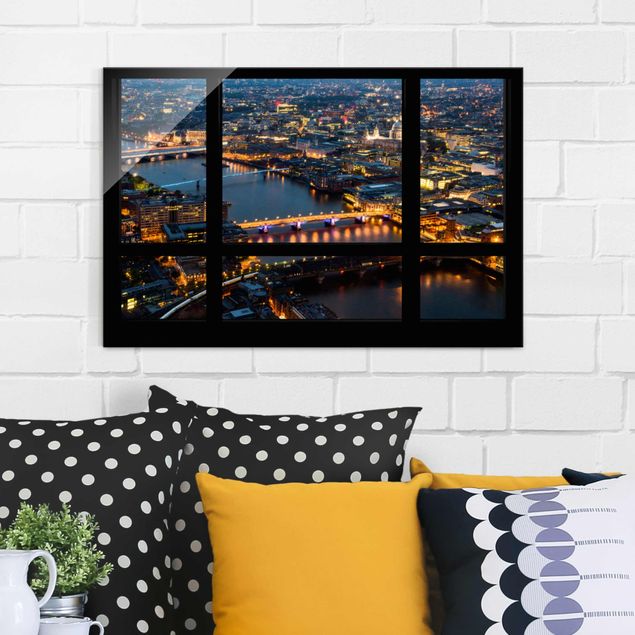 Glass prints London Window view of London's skyline with bridge