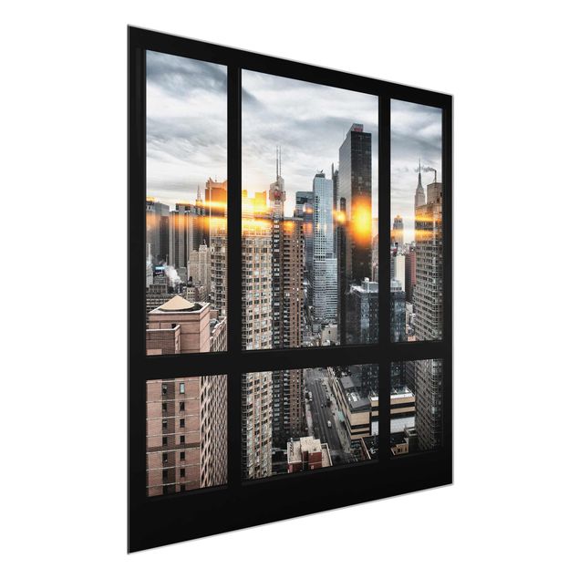 Glass prints architecture and skylines Windows Overlooking New York With Sun Reflection