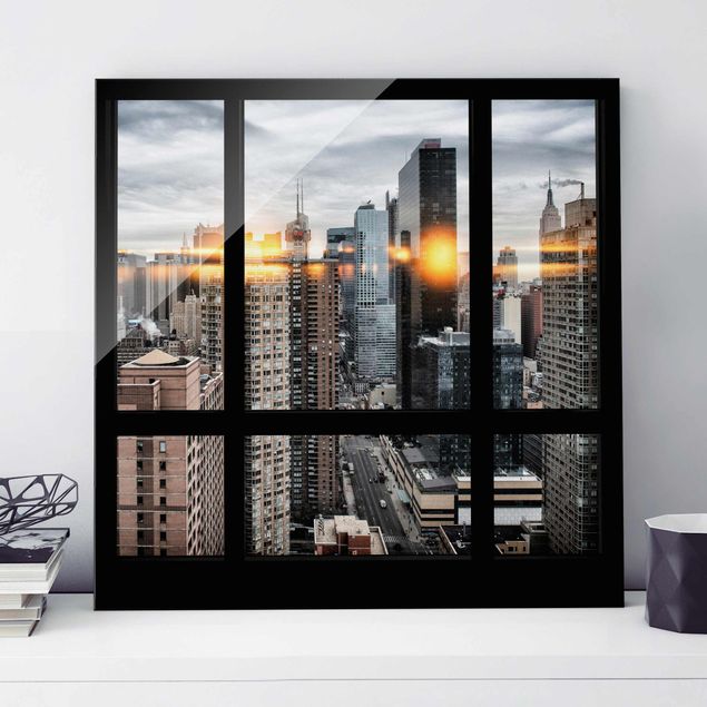 Glass prints New York Windows Overlooking New York With Sun Reflection