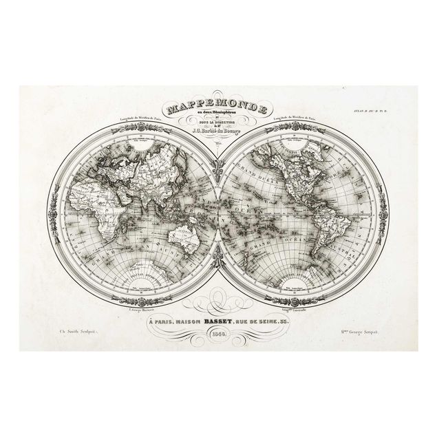 Black and white wall art French map of the hemispheres from 1848