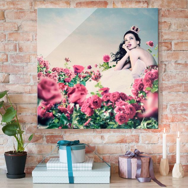 Glass prints rose Woman In The Rose Field