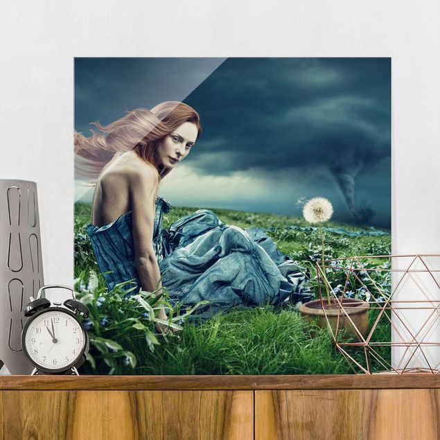 Glass prints dandelion clock Woman In Storm