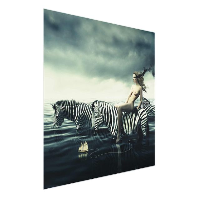 Naked wall art Woman Posing With Zebras