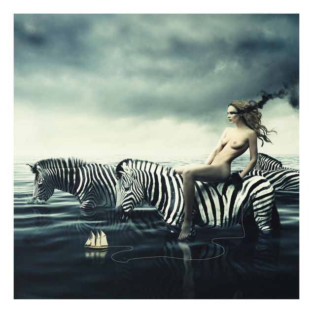 Glass prints pieces Woman Posing With Zebras