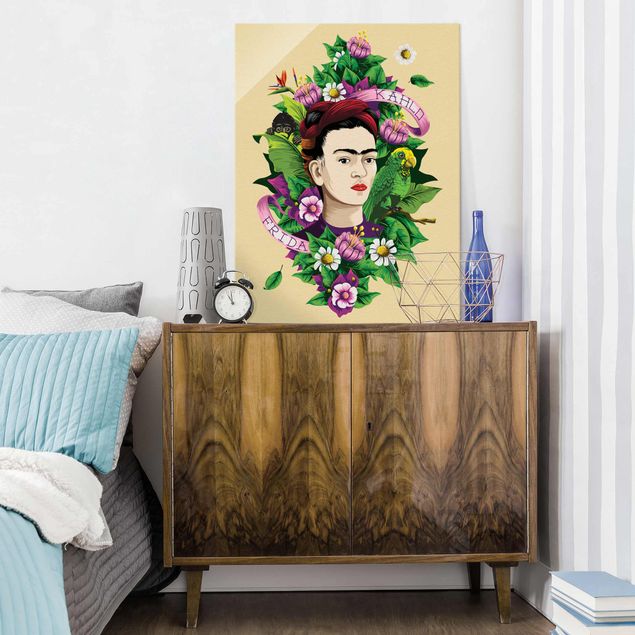 Glass prints flower Frida Kahlo - Frida, Äffchen und Papagei
