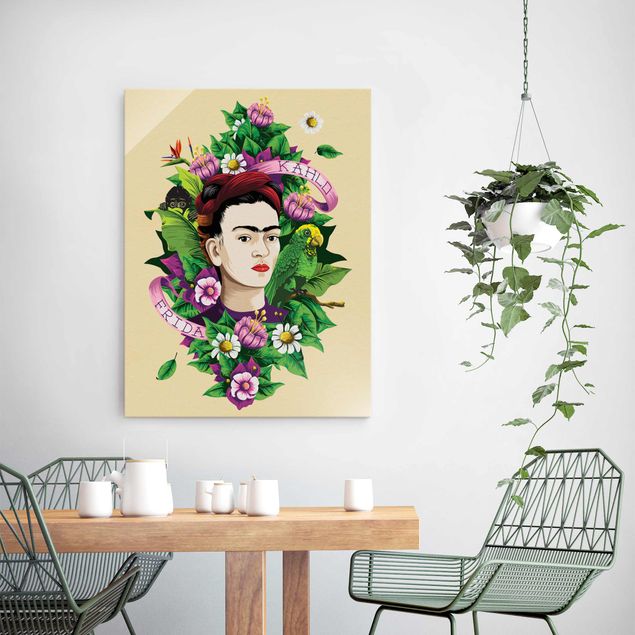 Floral canvas Frida Kahlo - Frida, Äffchen und Papagei