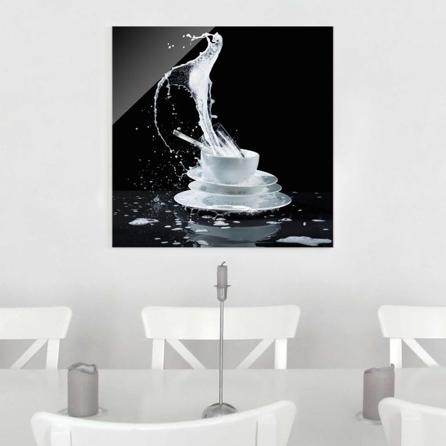 Glass prints black and white Dishes With Detergent Splash