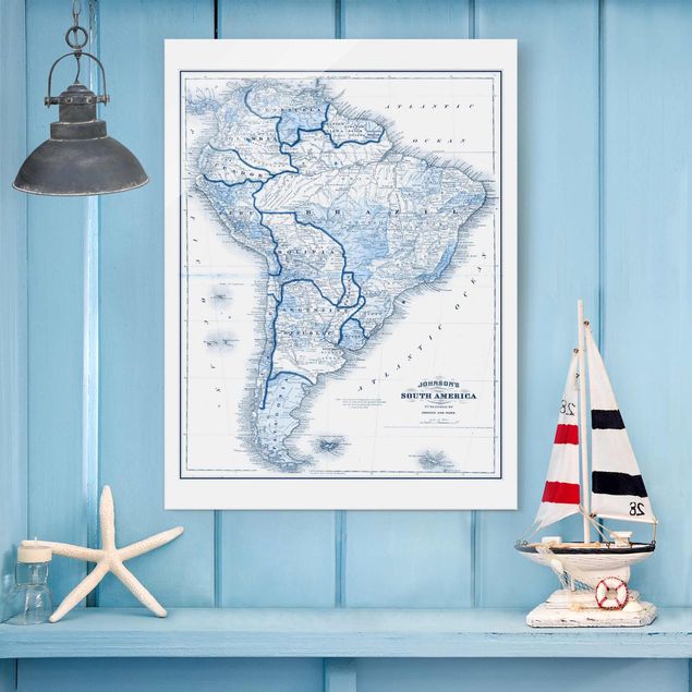 Glass prints maps Map In Blue Tones - South America