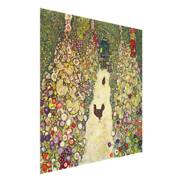 Glass prints flower Gustav Klimt - Garden Path with Hens