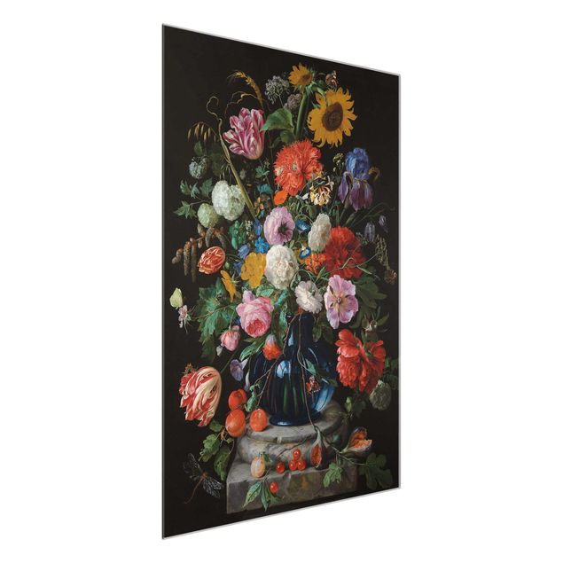 Glass prints flower Jan Davidsz de Heem - Tulips, a Sunflower, an Iris and other Flowers in a Glass Vase on the Marble Base of a Column