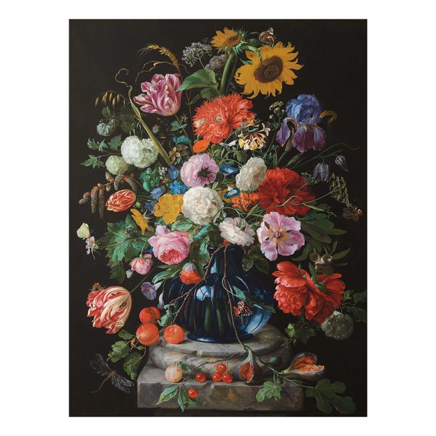 Canvas art Jan Davidsz de Heem - Tulips, a Sunflower, an Iris and other Flowers in a Glass Vase on the Marble Base of a Column