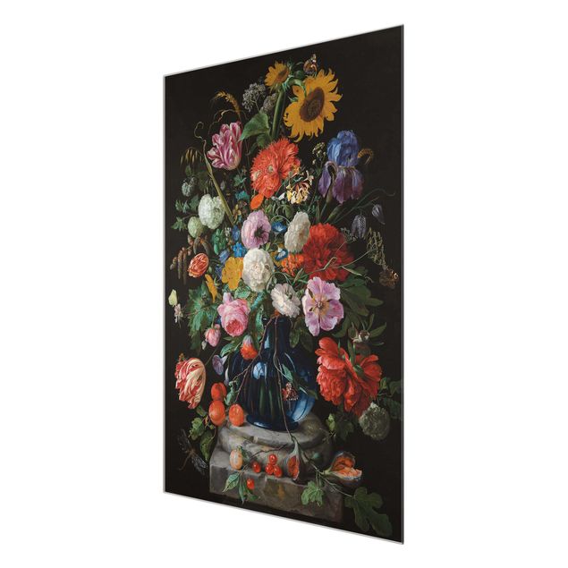 Prints floral Jan Davidsz de Heem - Tulips, a Sunflower, an Iris and other Flowers in a Glass Vase on the Marble Base of a Column