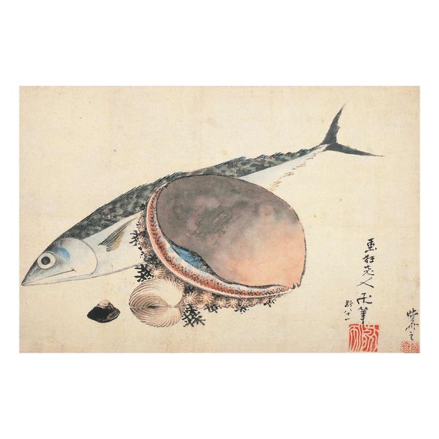 Still life art prints Katsushika Hokusai - Mackerel and Sea Shells