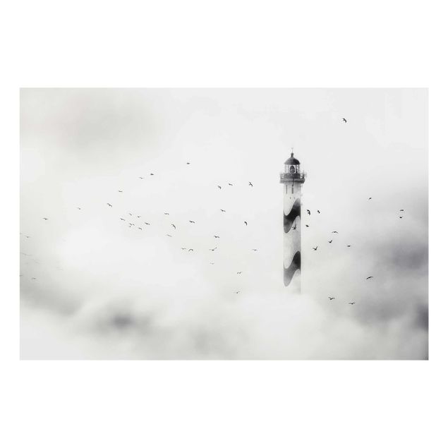 Glass prints black and white Lighthouse In The Fog