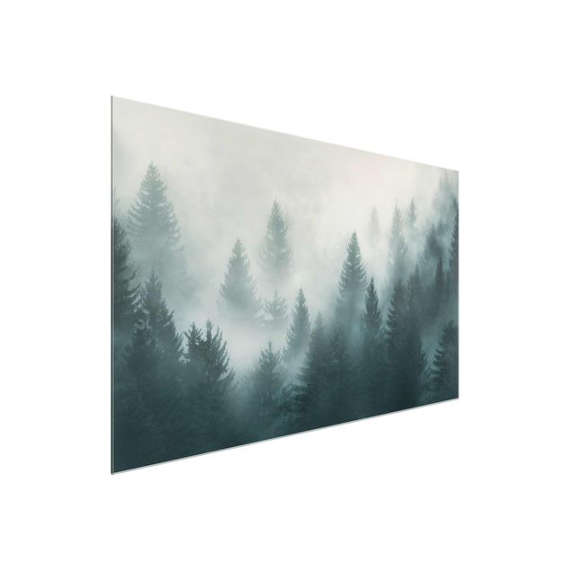 Glass prints landscape Coniferous Forest In Fog