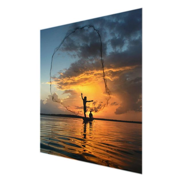 Glass prints landscape Fishing Net At Sunset