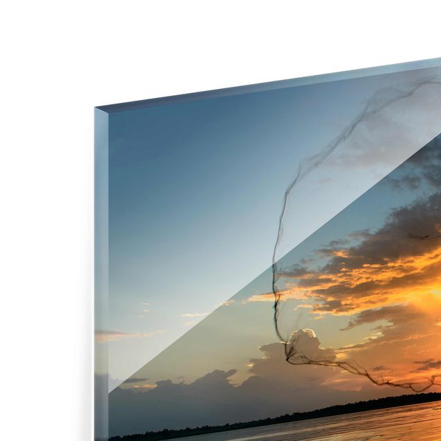 Glass prints beach Fishing Net At Sunset
