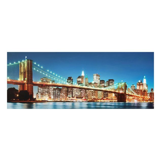 Glass prints architecture and skylines Nighttime Manhattan Bridge