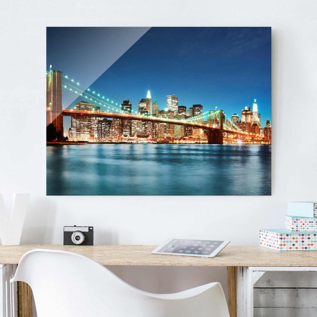 Glass prints New York Nighttime Manhattan Bridge