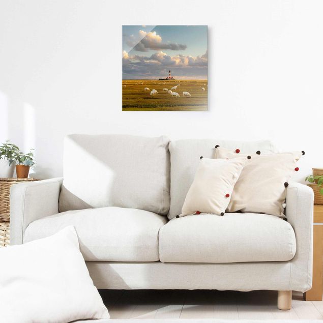 Glass prints landscape North Sea Lighthouse With Flock Of Sheep