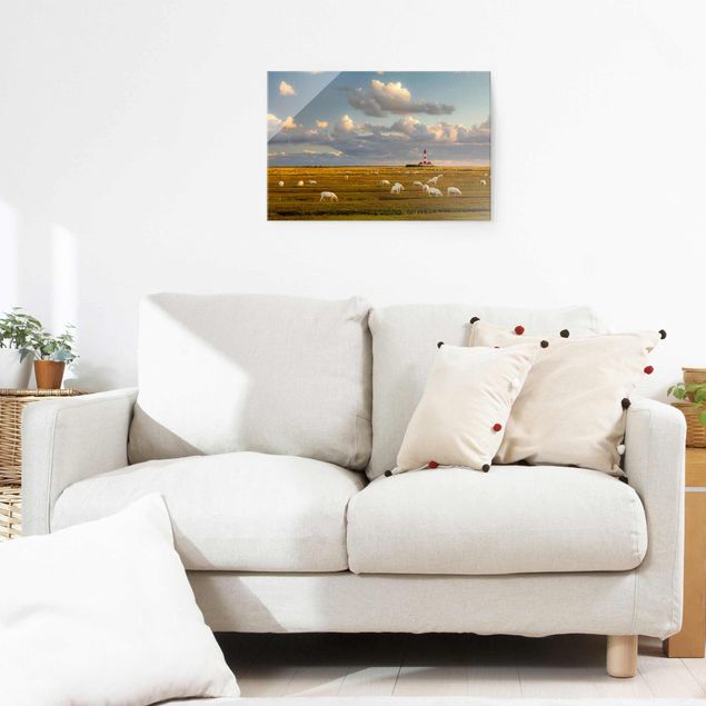 Glass prints landscape North Sea Lighthouse With Flock Of Sheep