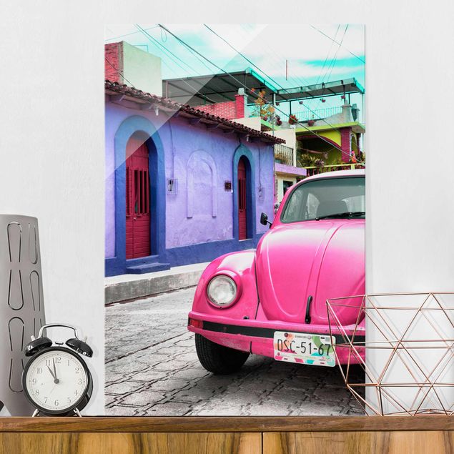Glass print - Pink VW Beetle