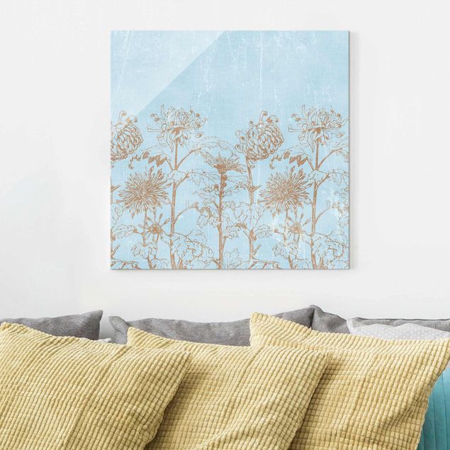 Floral canvas Etching In Blue