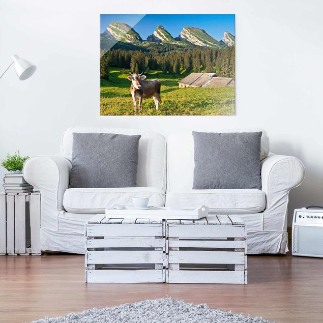 Glass prints mountain Swiss Alpine Meadow With Cow
