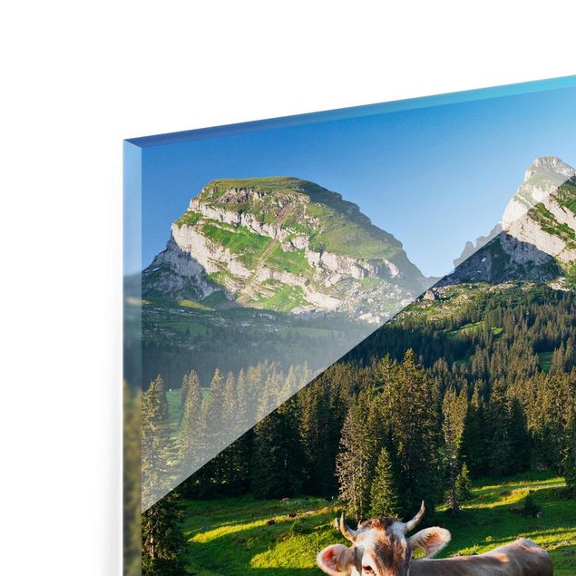 Glass prints pieces Swiss Alpine Meadow With Cow