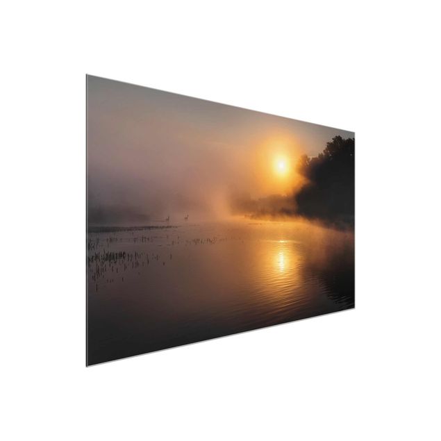 Contemporary art prints Sunrise on the lake with deers in the fog